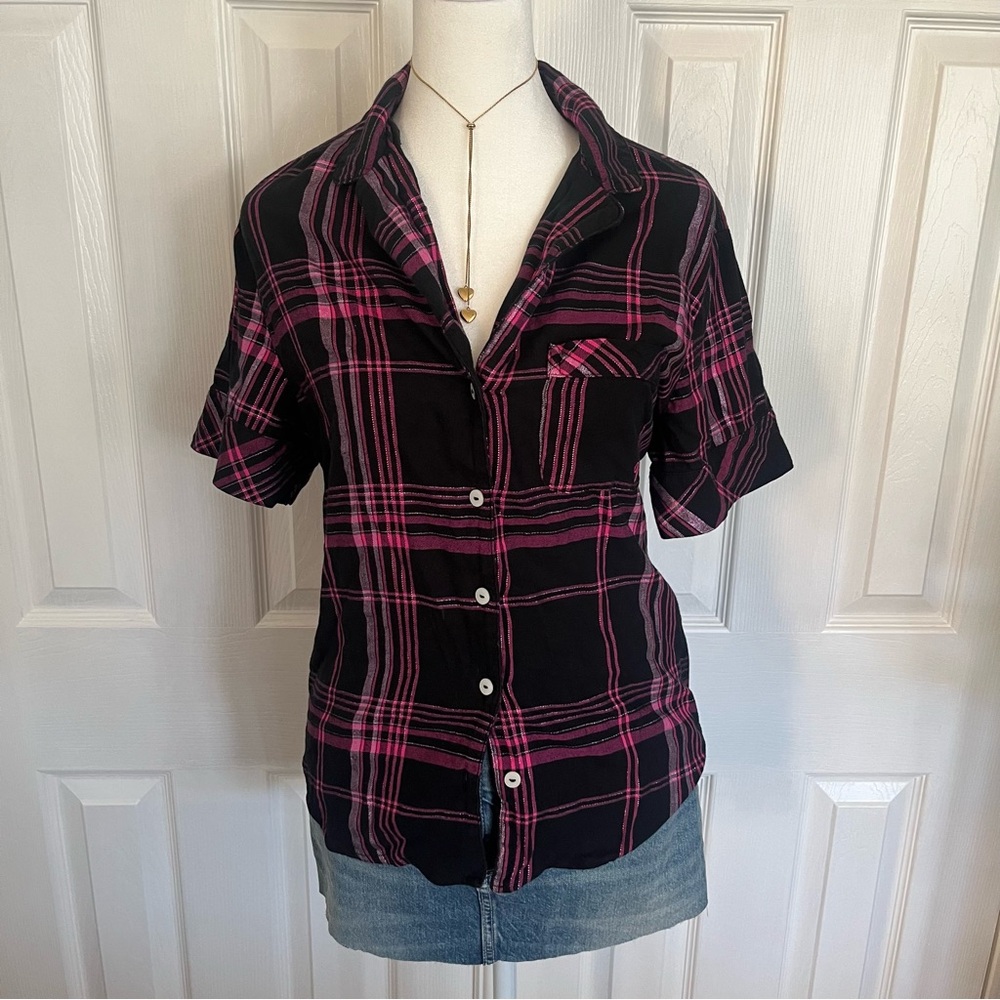 Victoria's Secret Black and Pink Plaid Flannel Top